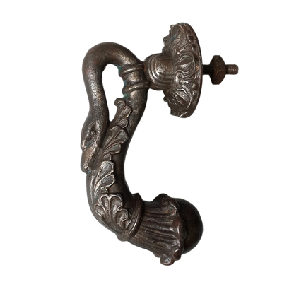 A stunning and large antique cast iron decorative door knocker with an elegant swan's neck and head, a very heavy and original antique piece purchased in south west France. 