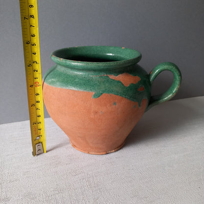 Small French vintage pottery jug with green glazed interior