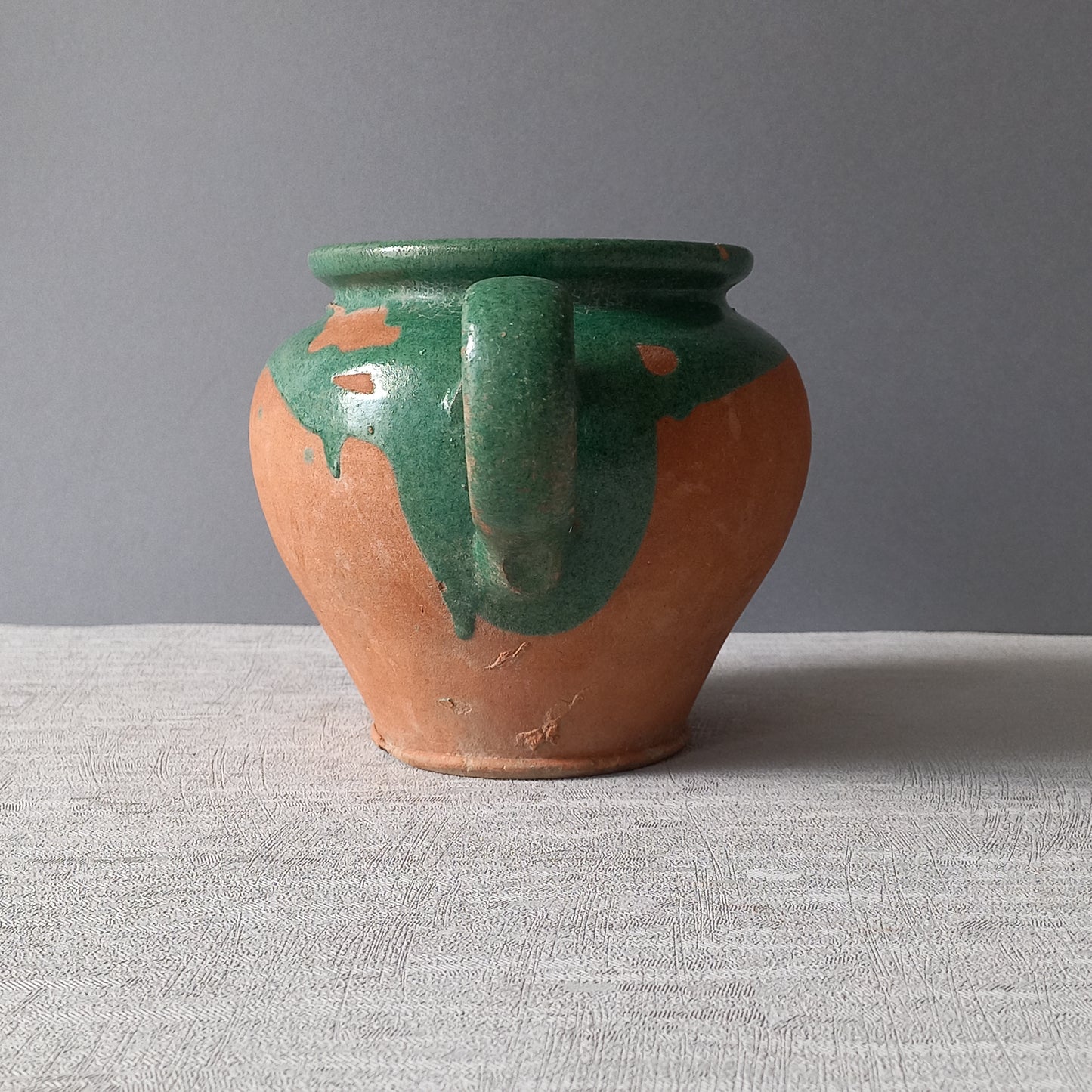Small French vintage pottery jug with green glazed interior