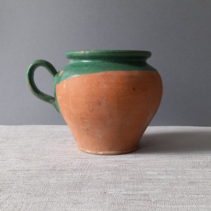 Small French vintage pottery jug with green glazed interior