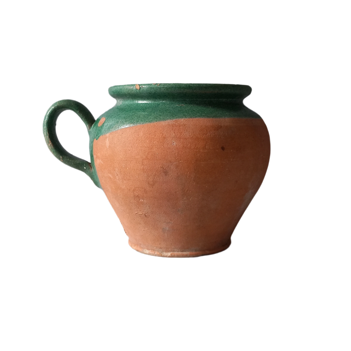 Small French vintage pottery jug with green glazed interior