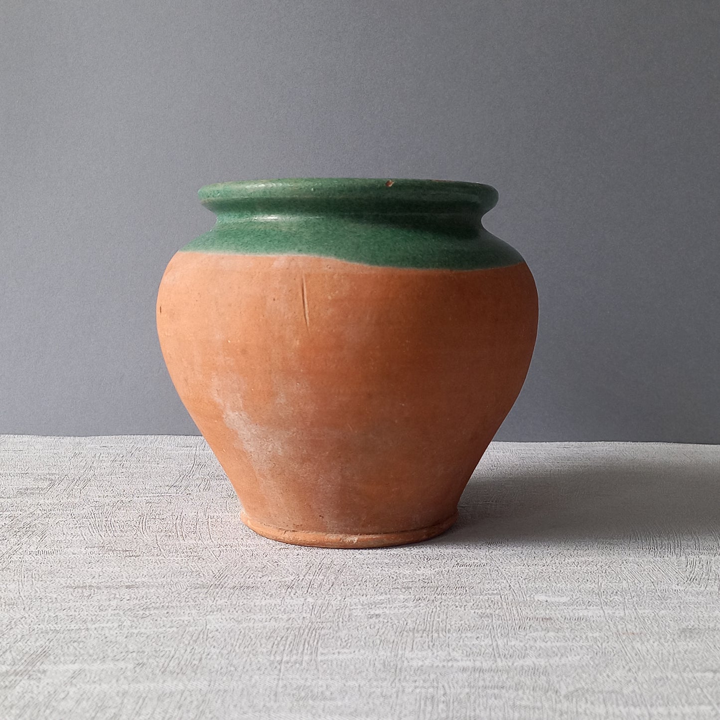 Small French vintage pottery jug with green glazed interior