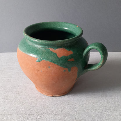 Small French vintage pottery jug with green glazed interior