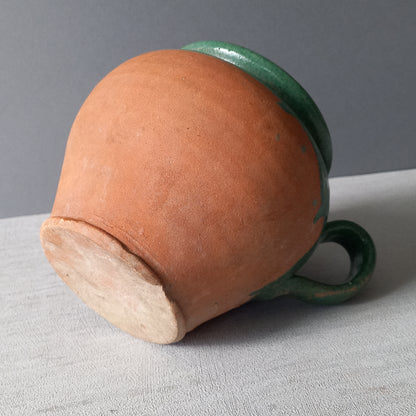 Small French vintage pottery jug with green glazed interior