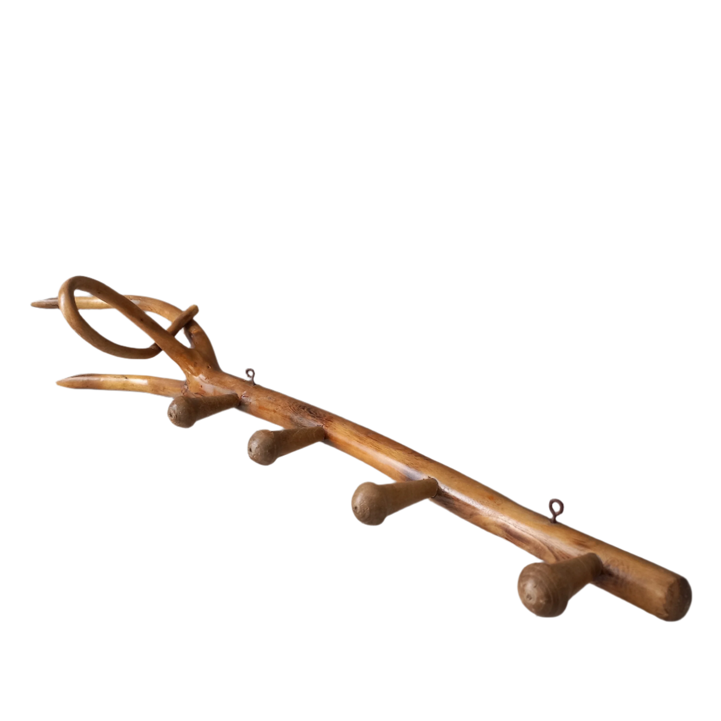 French vintage rustic wooden coat rack with 4 pegs