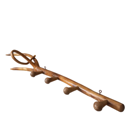 French vintage rustic wooden coat rack with 4 pegs