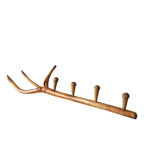 French vintage rustic wooden coat rack with 4 pegs