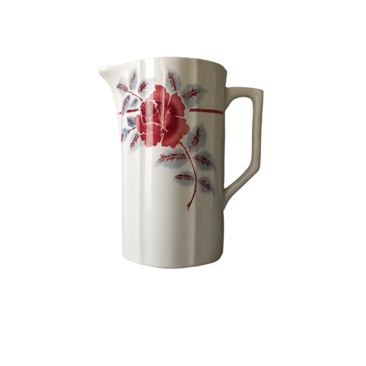 A French vintage ironstone pitcher jug with pink/red floral transfer pattern, once part of a wash-set, this beautiful and very heavy, tall jug/pitcher makes a wonderful piece of vintage decor. Maker's mark is underneath.