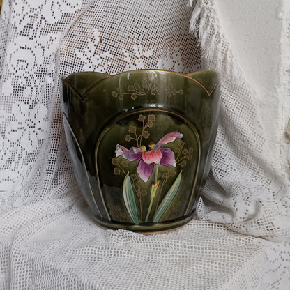 Antique art nouveau decorative planter with Iris flower by Gustave de Bruyn of Fives Lille