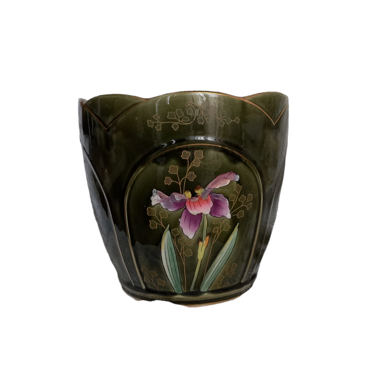 Antique art nouveau decorative planter with Iris flower by Gustave de Bruyn of Fives Lille