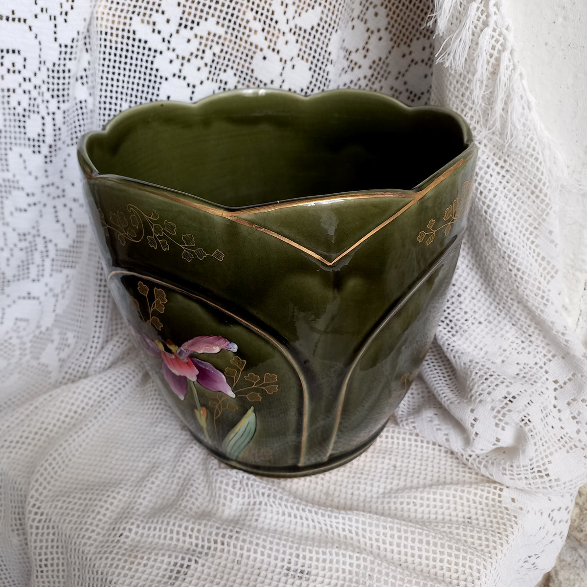Antique art nouveau decorative planter with Iris flower by Gustave de Bruyn of Fives Lille