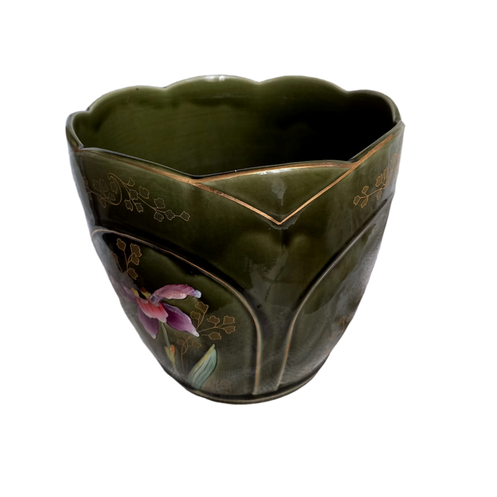 Antique art nouveau decorative planter with Iris flower by Gustave de Bruyn of Fives Lille