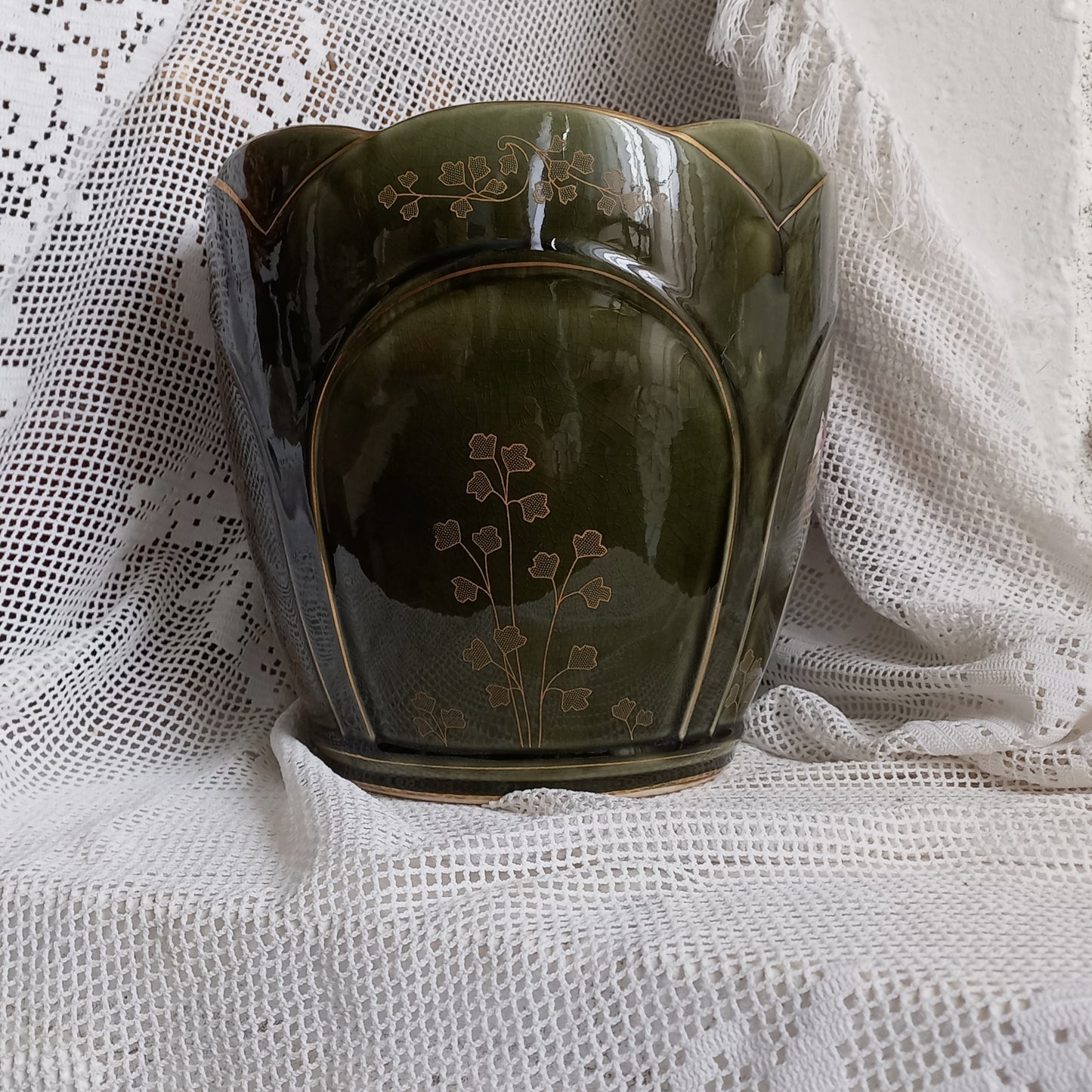 Antique art nouveau decorative planter with Iris flower by Gustave de Bruyn of Fives Lille