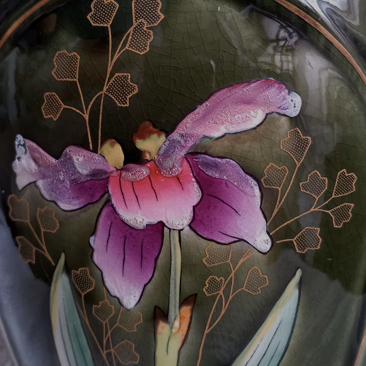 Antique art nouveau decorative planter with Iris flower by Gustave de Bruyn of Fives Lille