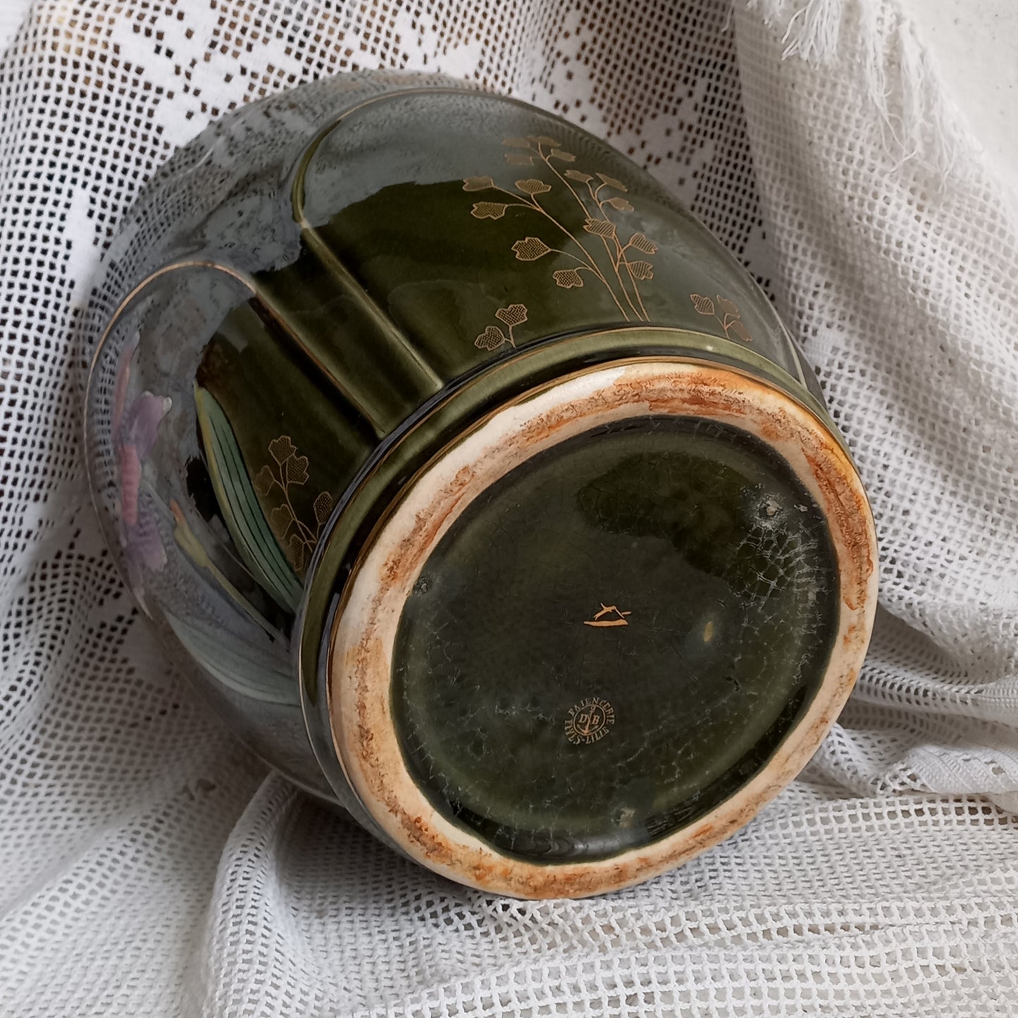 Antique art nouveau decorative planter with Iris flower by Gustave de Bruyn of Fives Lille