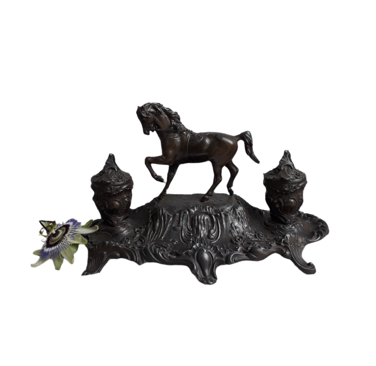 Antique double inkwell with horse figurine from France, French vintage deck decor, decorative inkwell