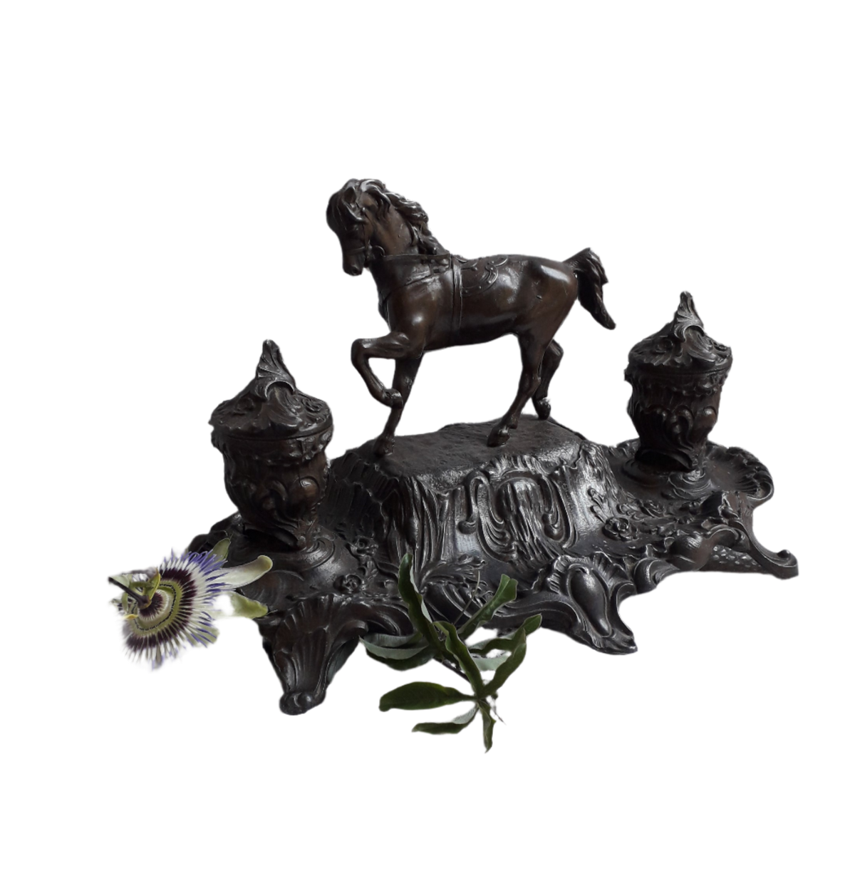 Antique double inkwell with horse figurine from France, French vintage deck decor, decorative inkwell