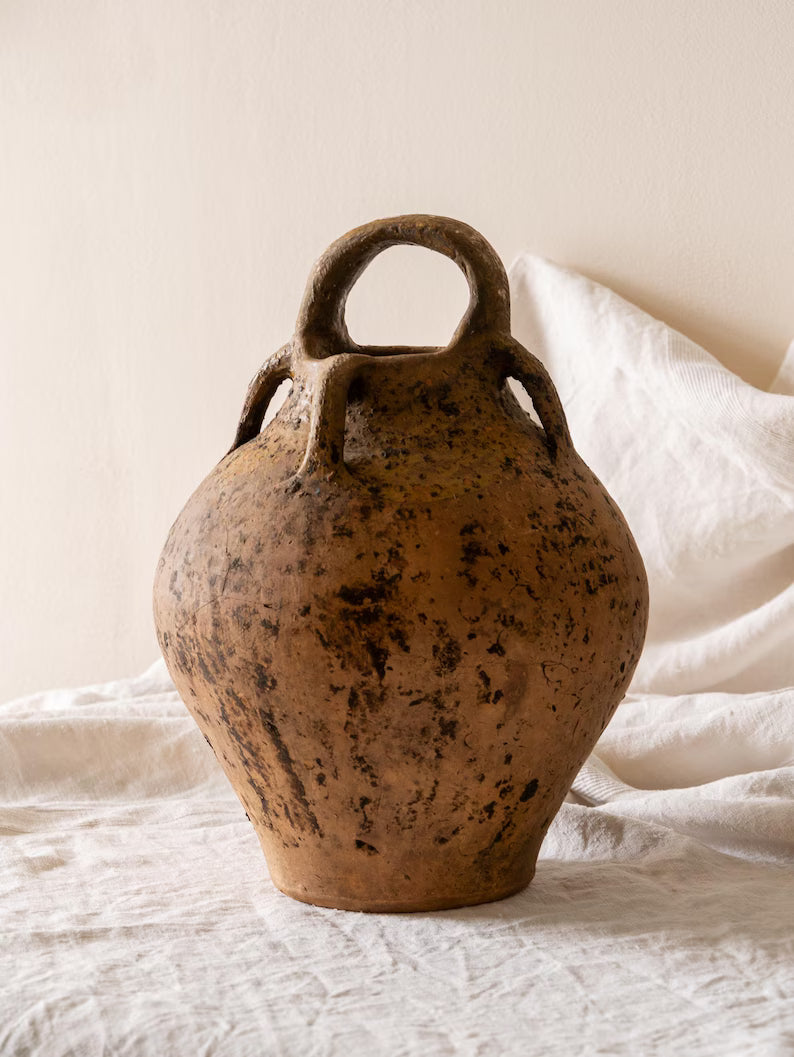 Large French Antique Terracotta Oil Jar, Rustic Clay Storage Pot c.1900