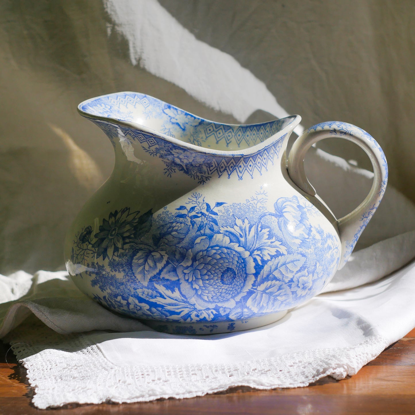Antique Decorative White Ironstone Jug with Blue Floral Pattern