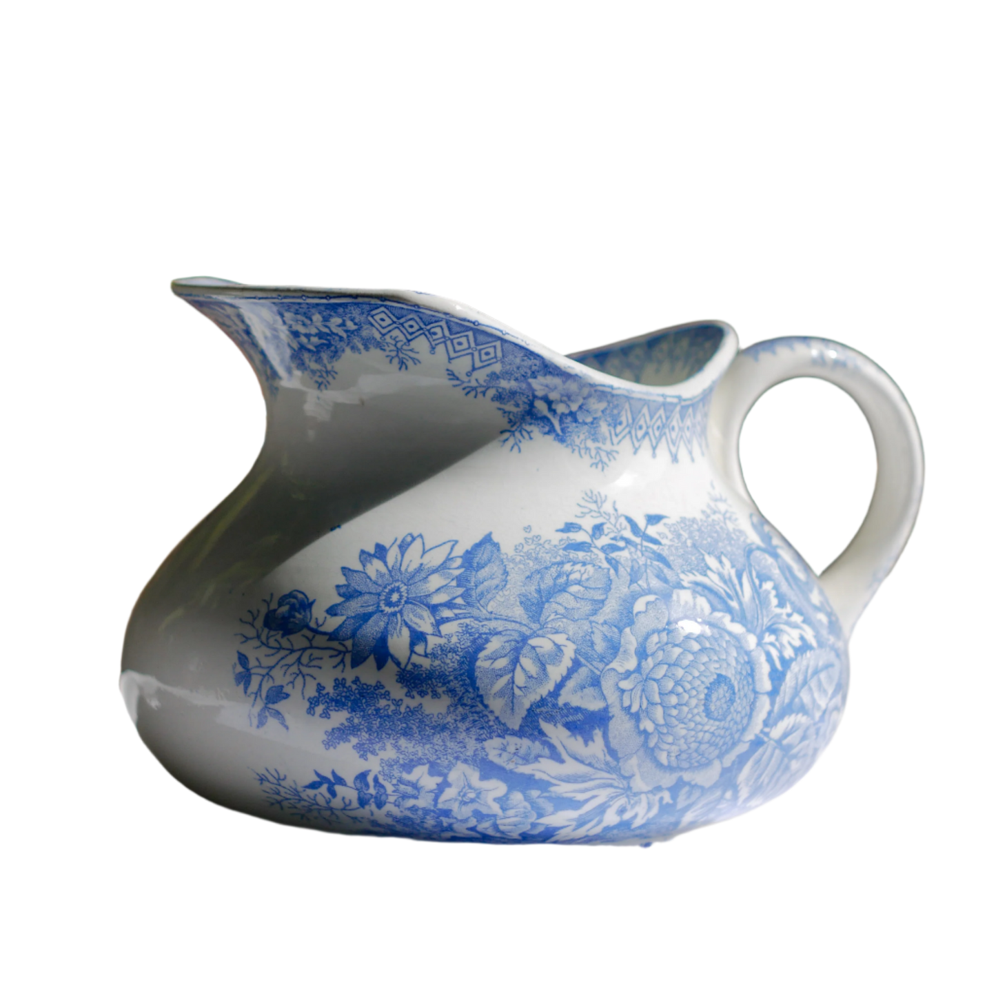 Antique Decorative White Ironstone Jug with Blue Floral Pattern