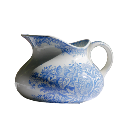 Antique Decorative White Ironstone Jug with Blue Floral Pattern