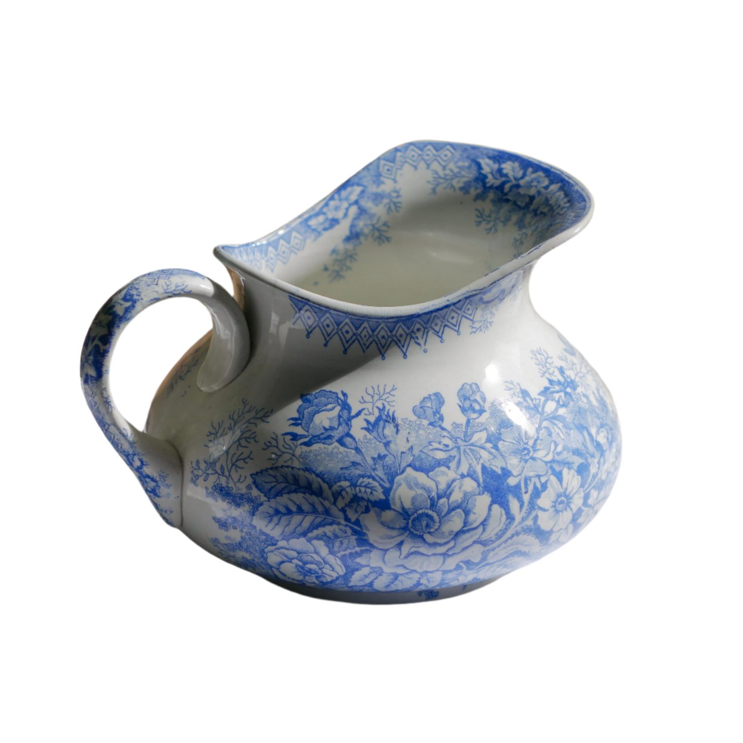 Antique Decorative White Ironstone Jug with Blue Floral Pattern