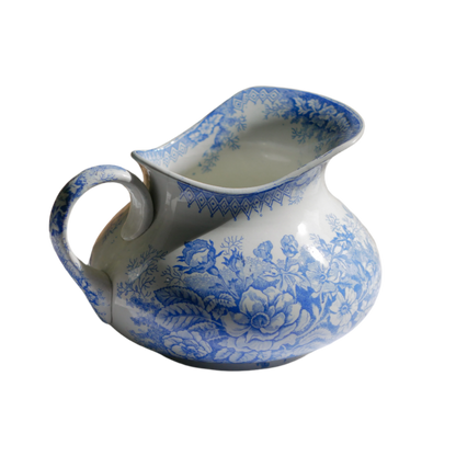 Antique Decorative White Ironstone Jug with Blue Floral Pattern