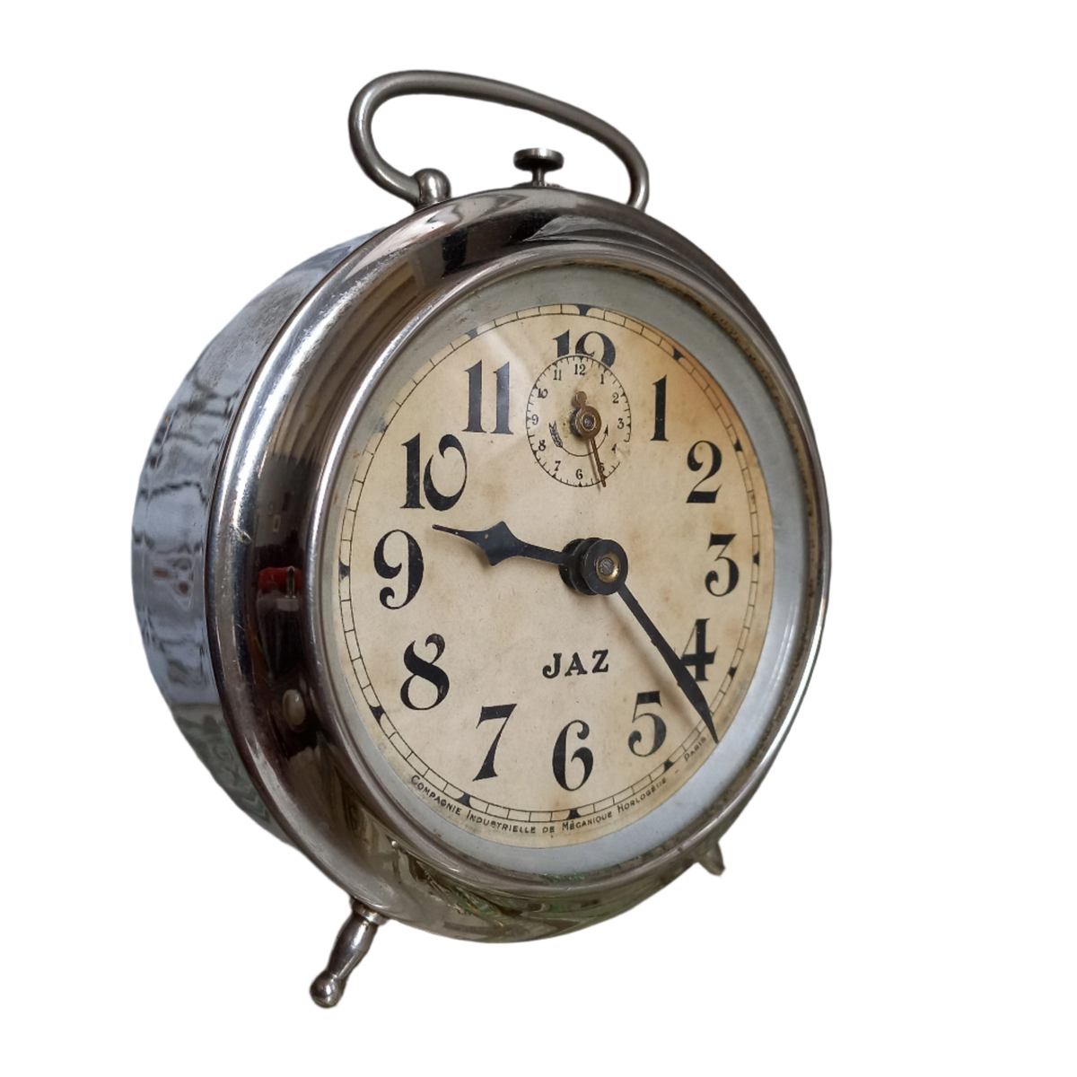 Small vintage mechanical alarm clock by French company Jaz with silver colored, chrome case