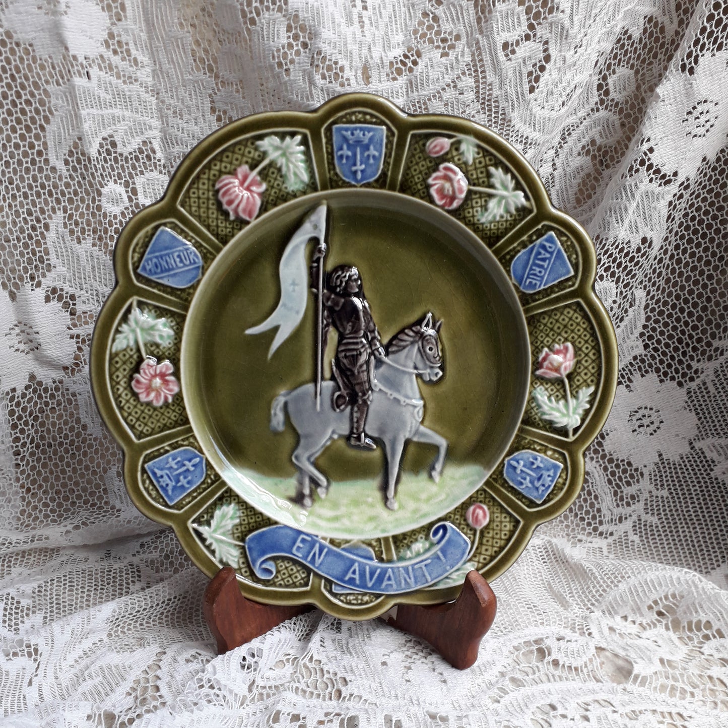 Small French Antique Majolica Joan Of Arc Wall Plate