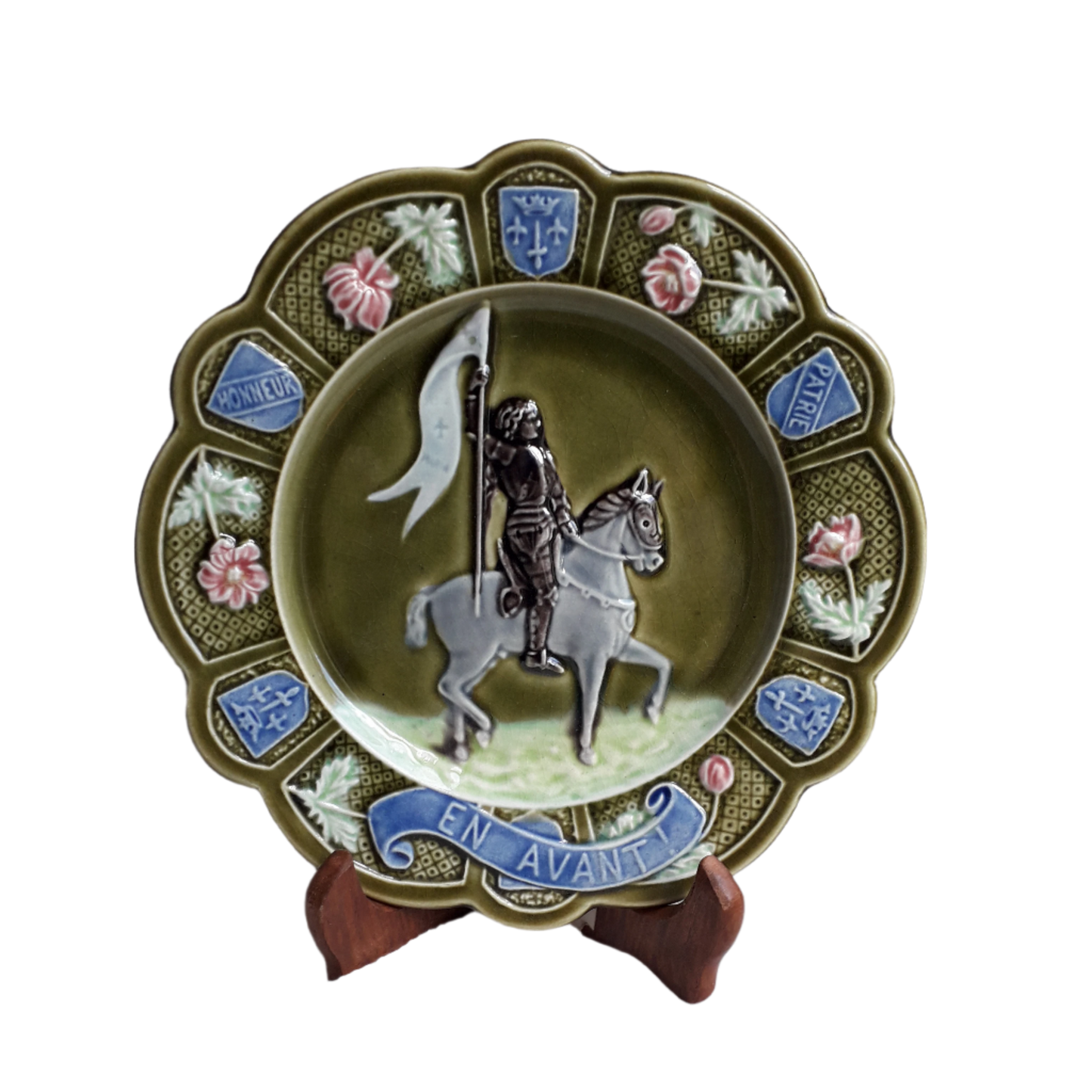 Small French Antique Majolica Joan Of Arc Wall Plate