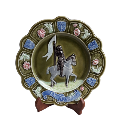 Small French Antique Majolica Joan Of Arc Wall Plate