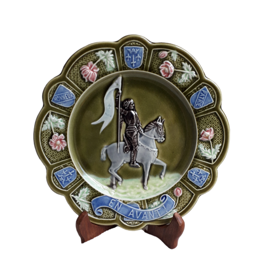 Small French Antique Majolica Joan Of Arc Wall Plate