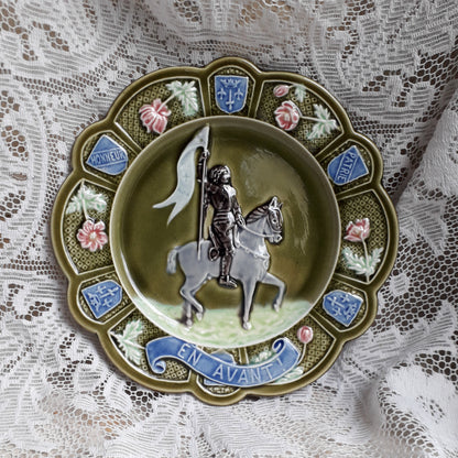 Small French Antique Majolica Joan Of Arc Wall Plate