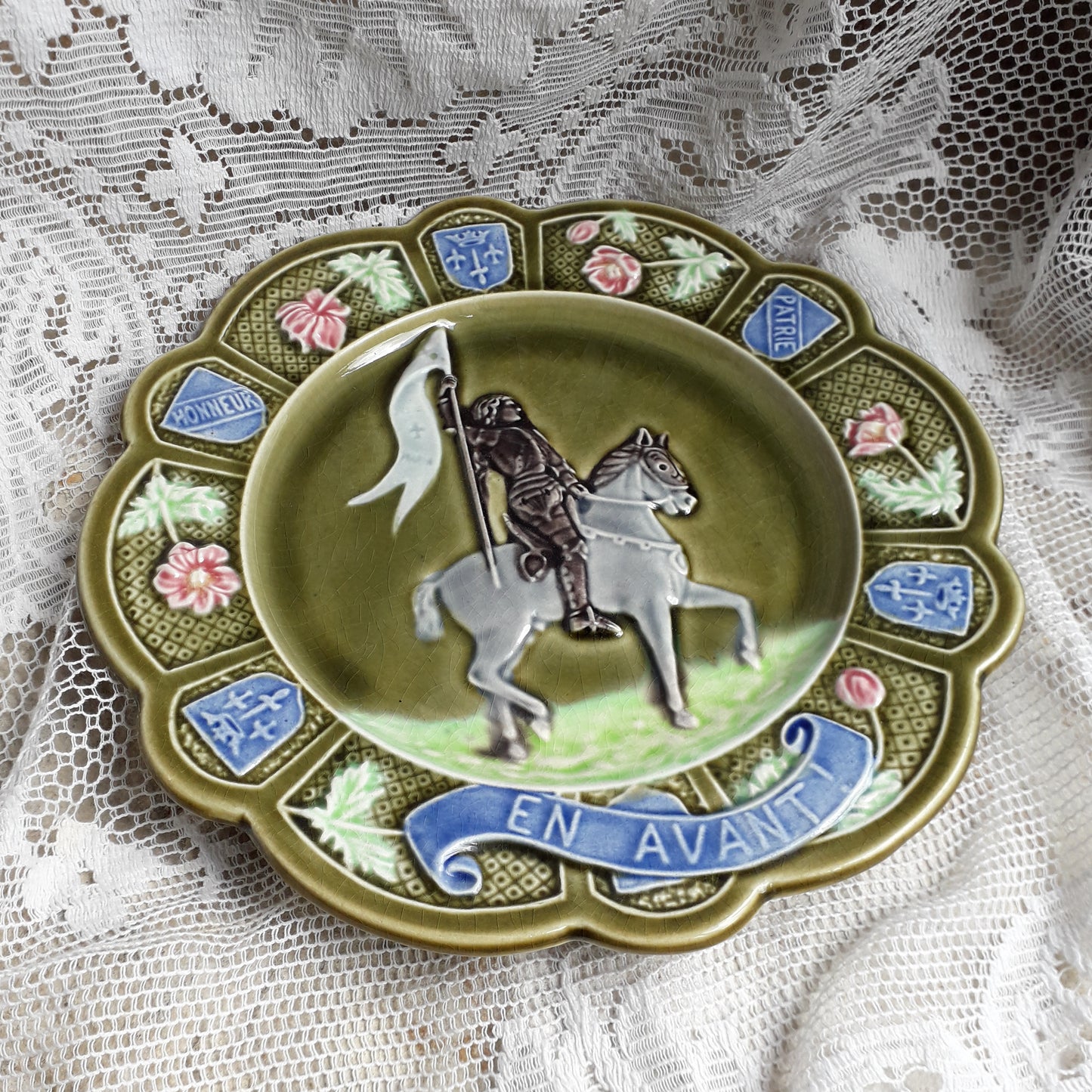 Small French Antique Majolica Joan Of Arc Wall Plate