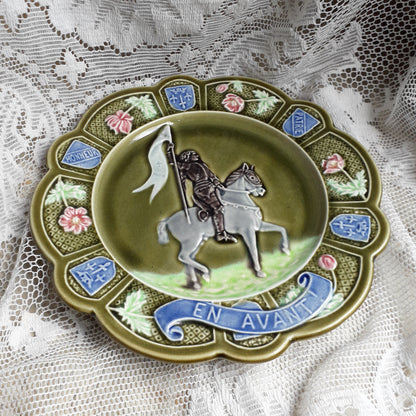 Small French Antique Majolica Joan Of Arc Wall Plate