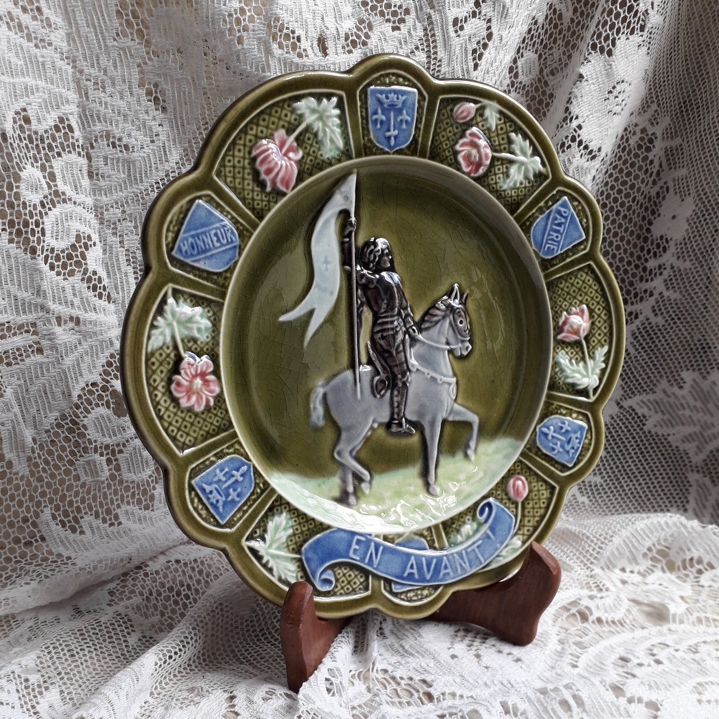 Small French Antique Majolica Joan Of Arc Wall Plate
