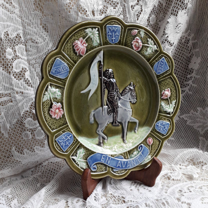 Small French Antique Majolica Joan Of Arc Wall Plate