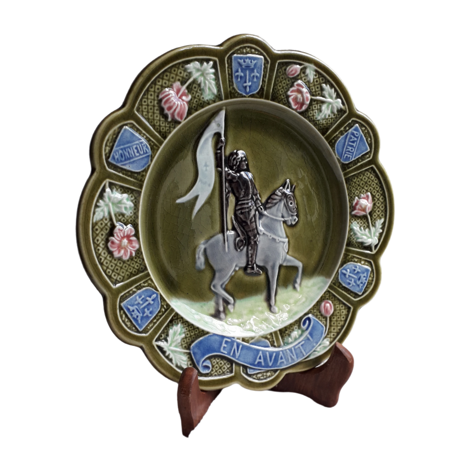 Small French Antique Majolica Joan Of Arc Wall Plate