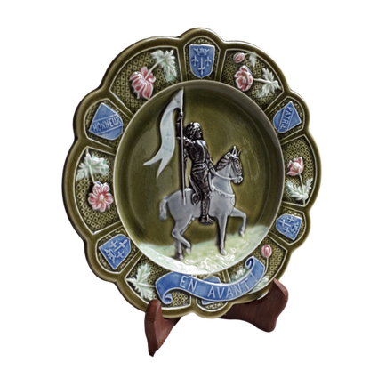Small French Antique Majolica Joan Of Arc Wall Plate