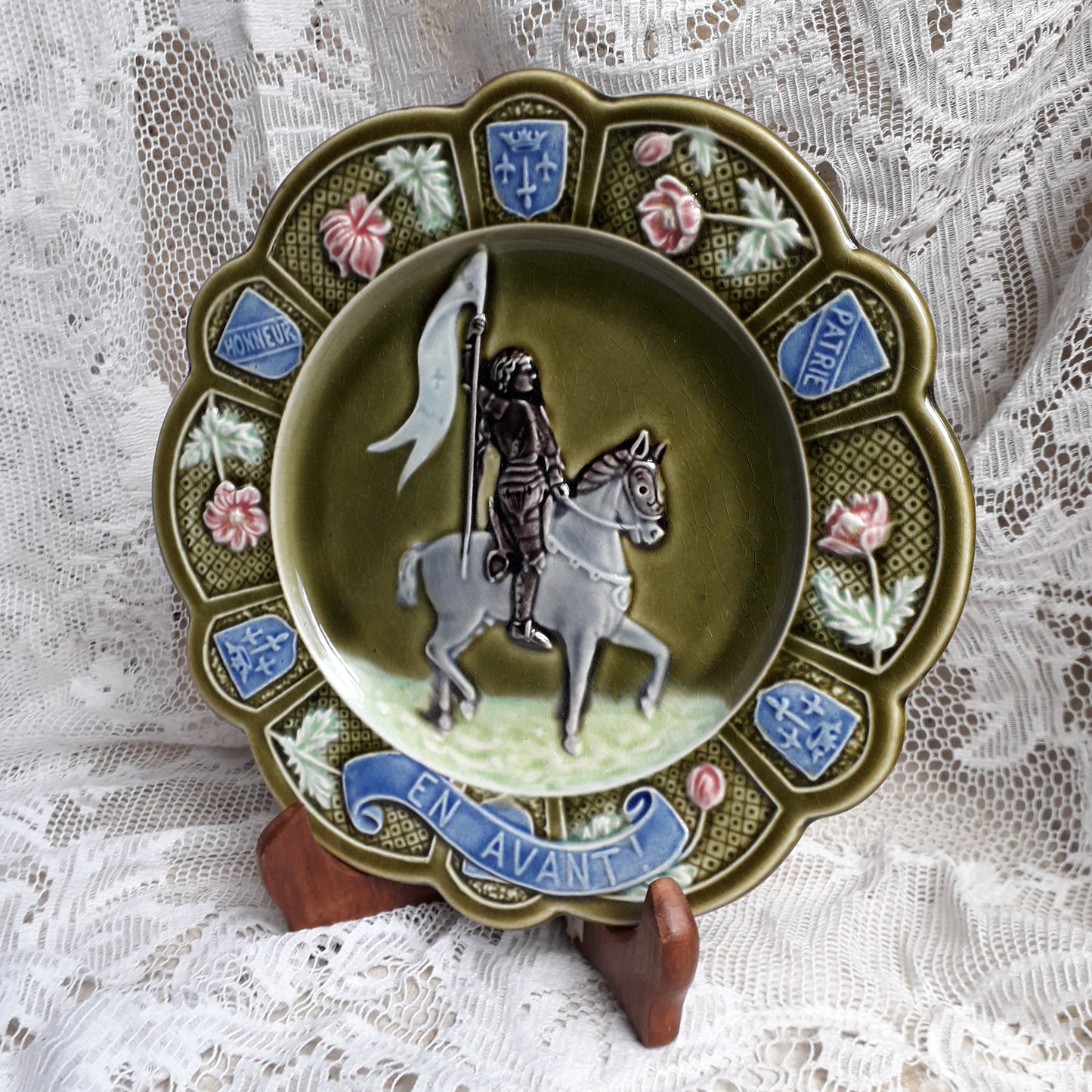 Small French Antique Majolica Joan Of Arc Wall Plate