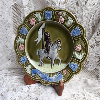 Small French Antique Majolica Joan Of Arc Wall Plate