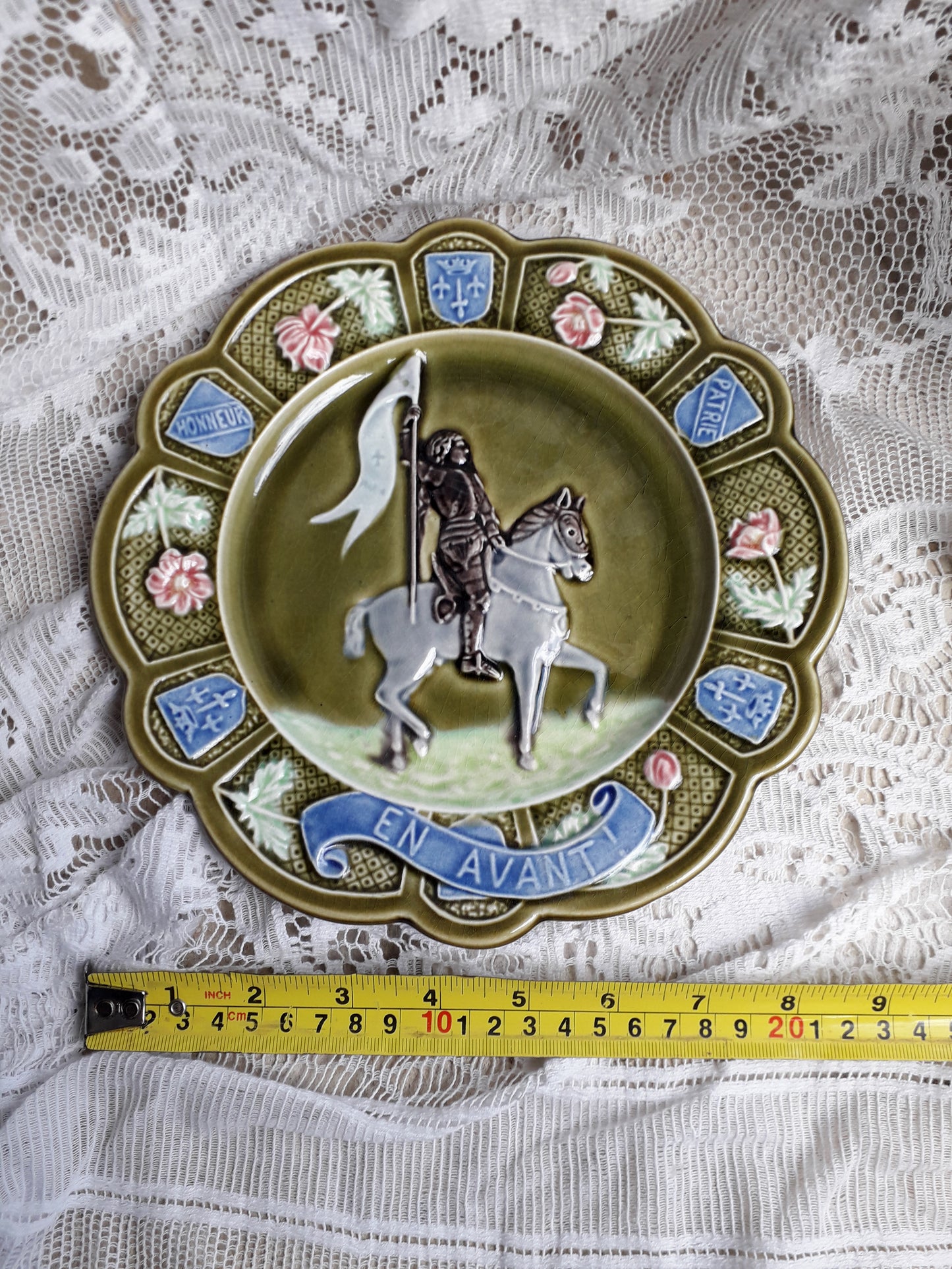 Small French Antique Majolica Joan Of Arc Wall Plate