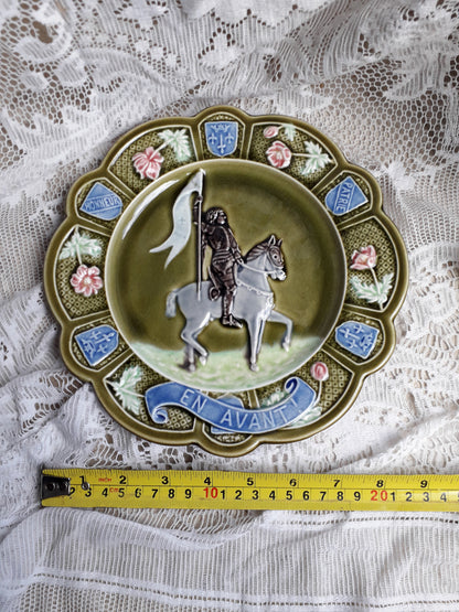 Small French Antique Majolica Joan Of Arc Wall Plate
