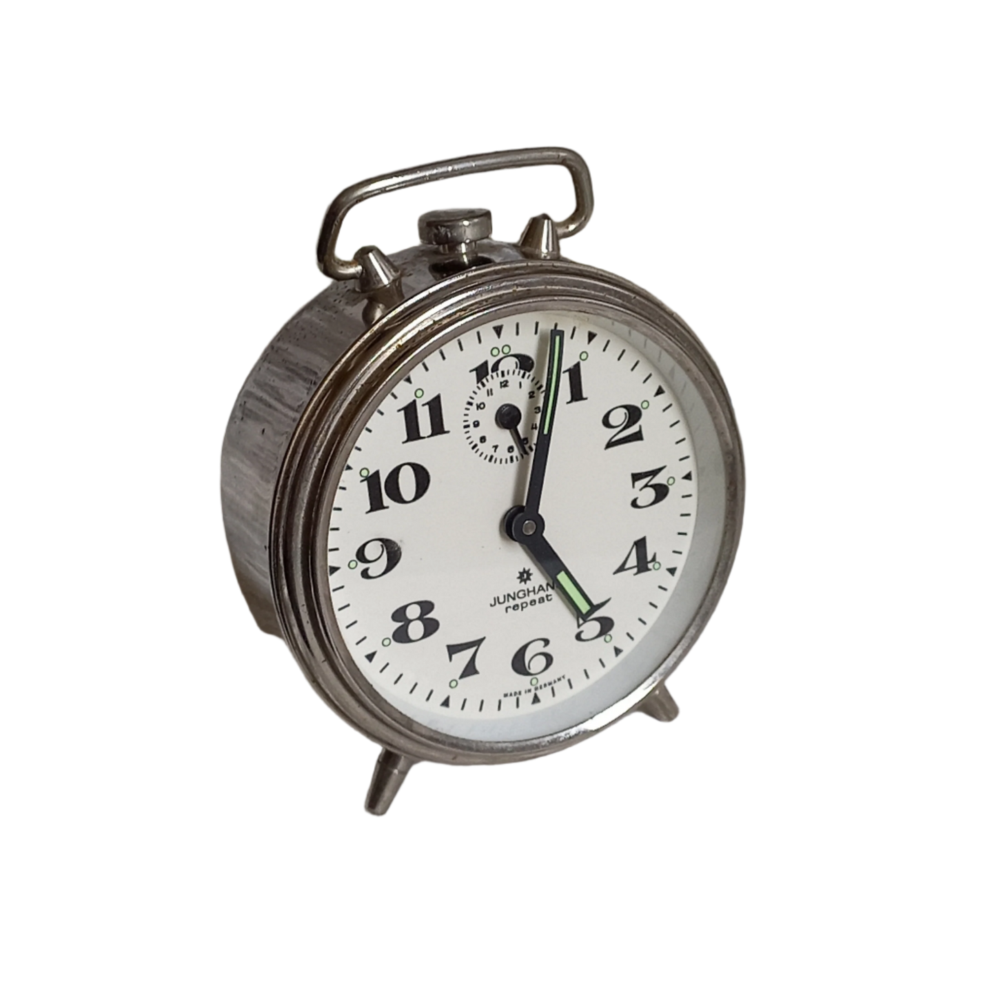 Small mechanical alarm clock with a chrome metal case by German company Junghans, office desk decor,