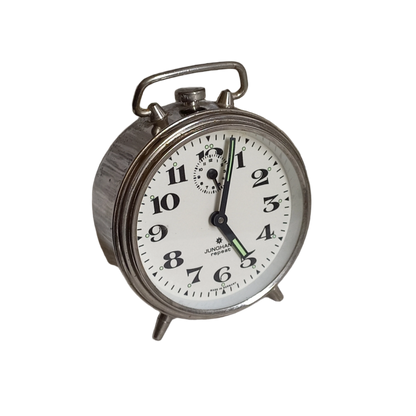 Small mechanical alarm clock with a chrome metal case by German company Junghans, office desk decor,