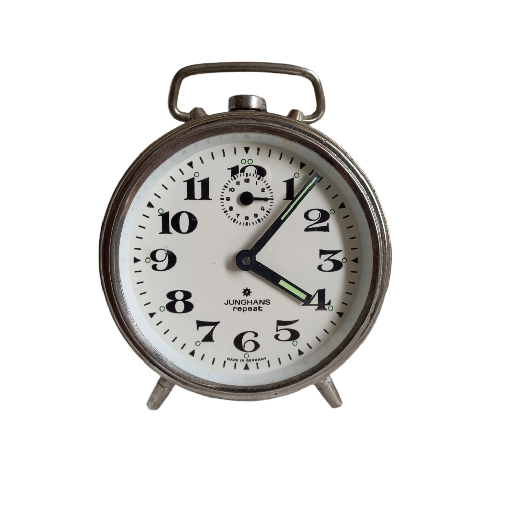 Small mechanical alarm clock with a chrome metal case by German company Junghans, office desk decor,