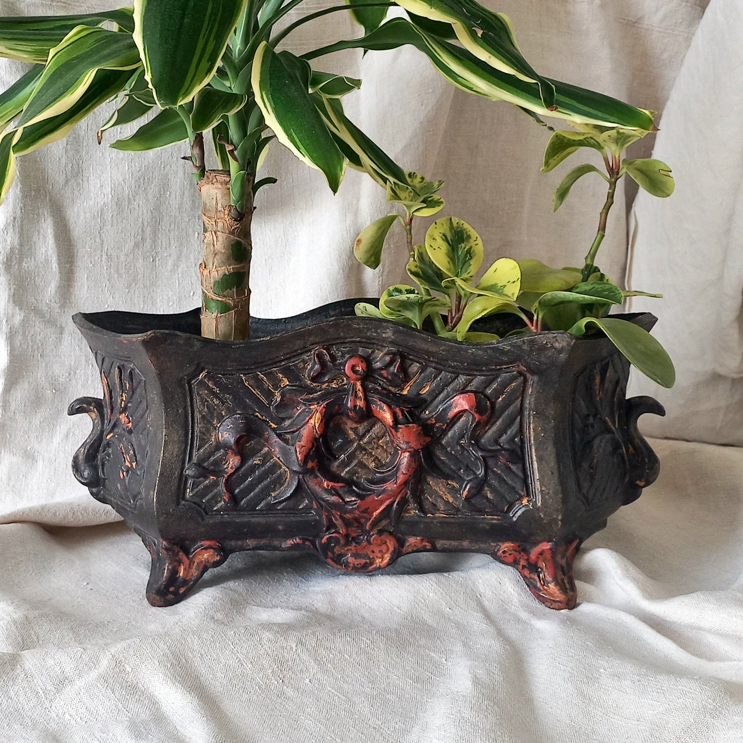 Large Antique Cast Iron Decorative Planter, Interior Exterior Plant Pot Holder,