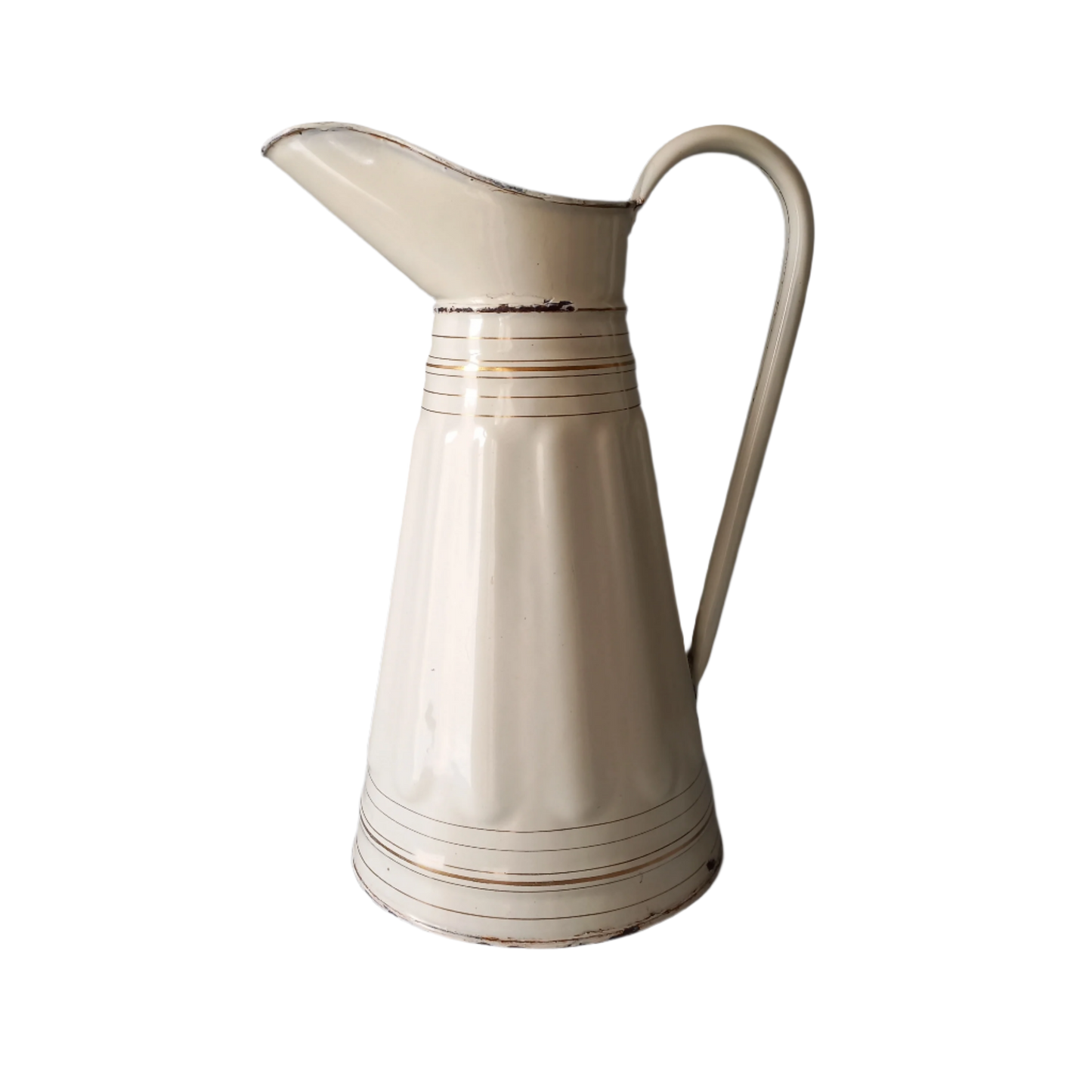 Large antique enamel metal pitcher in cream color with gold trim from France