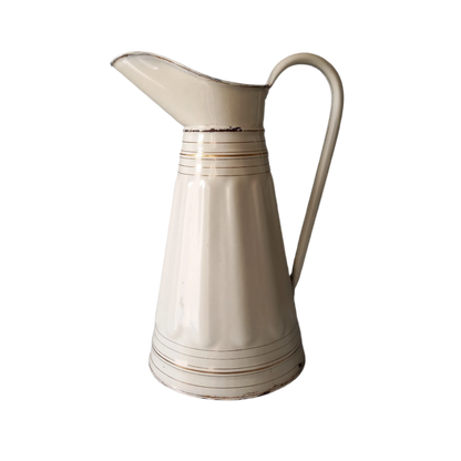 Large antique enamel metal pitcher in cream color with gold trim from France
