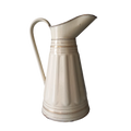 Large antique enamel metal pitcher in cream color with gold trim from France